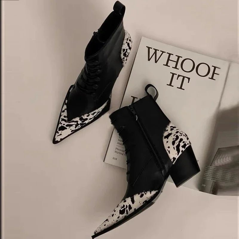 2024 New Fashion Pointed Thick Heel Leopard Pattern Color Block Mid Heel Martin Boots Personalized Side Zipper Mid Cap Boots - LiveTrendsX