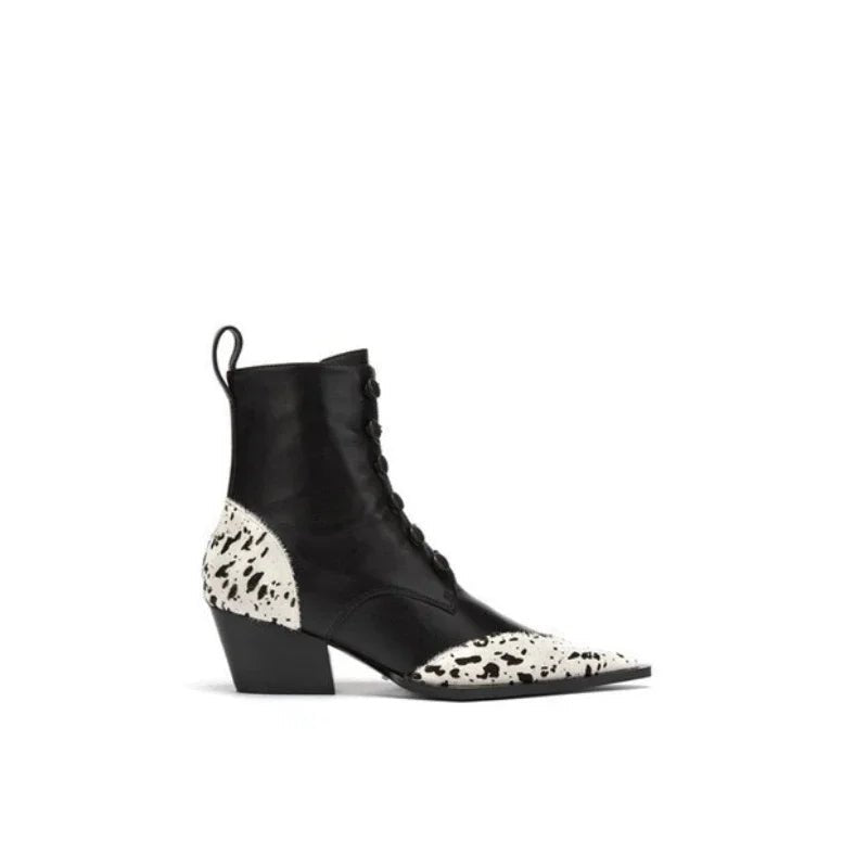 2024 New Fashion Pointed Thick Heel Leopard Pattern Color Block Mid Heel Martin Boots Personalized Side Zipper Mid Cap Boots - LiveTrendsX