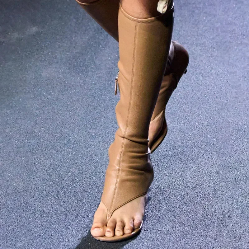 2024 Summer New Peep Toe Flip Sandals Mid Heeled Side Zipper Women's High Tube Boots - LiveTrendsX