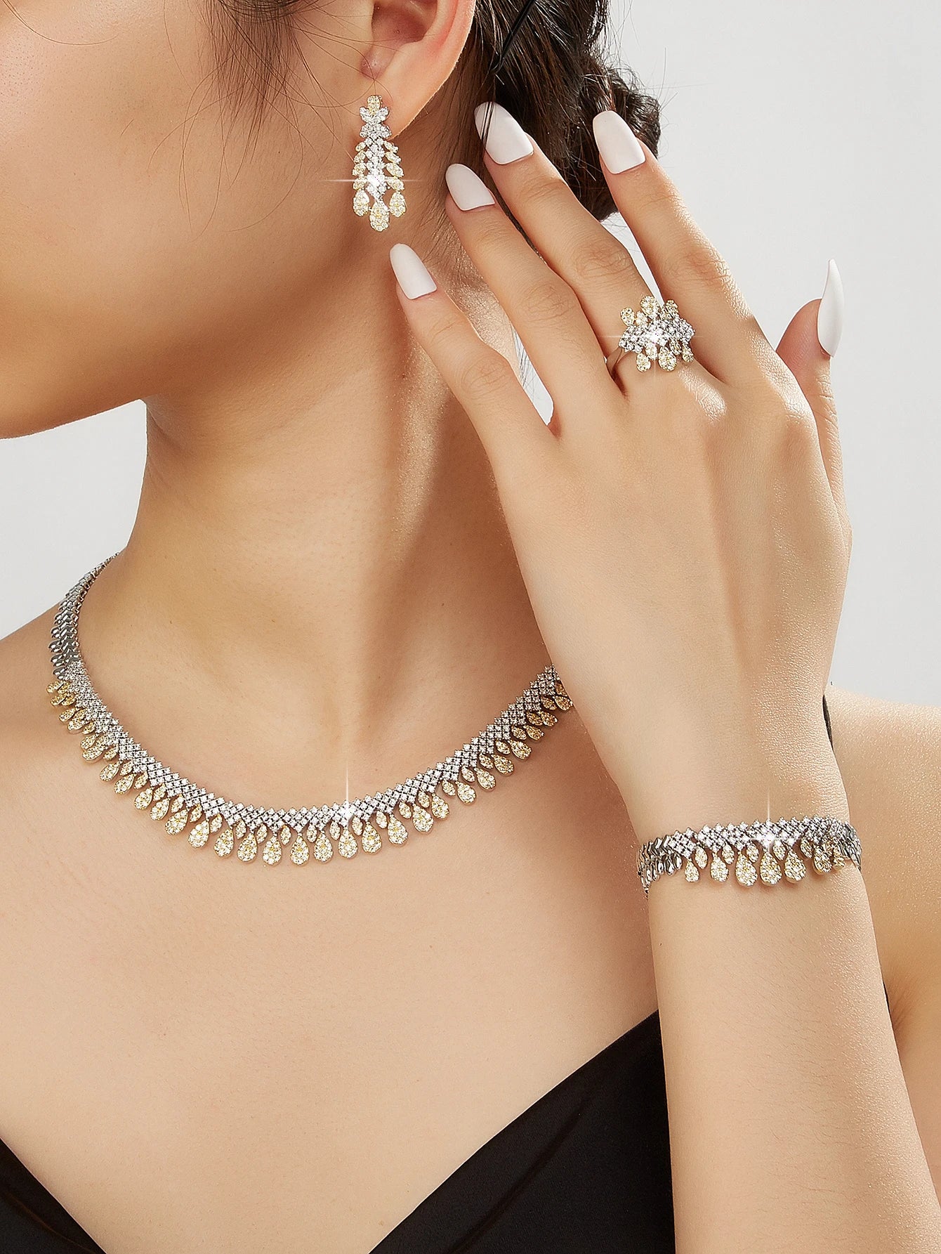 Two Color Zirconia For Women Party Luxury Dubai Necklace Bracelet Earringa Rings CZ Crystal Wedding Jewelry Sets