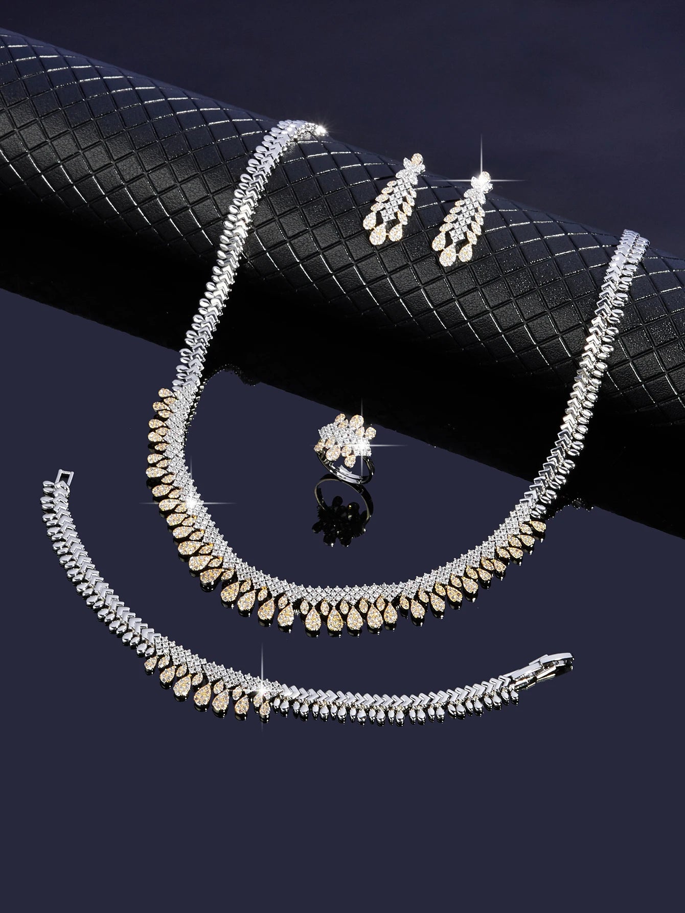 Two Color Zirconia For Women Party Luxury Dubai Necklace Bracelet Earringa Rings CZ Crystal Wedding Jewelry Sets