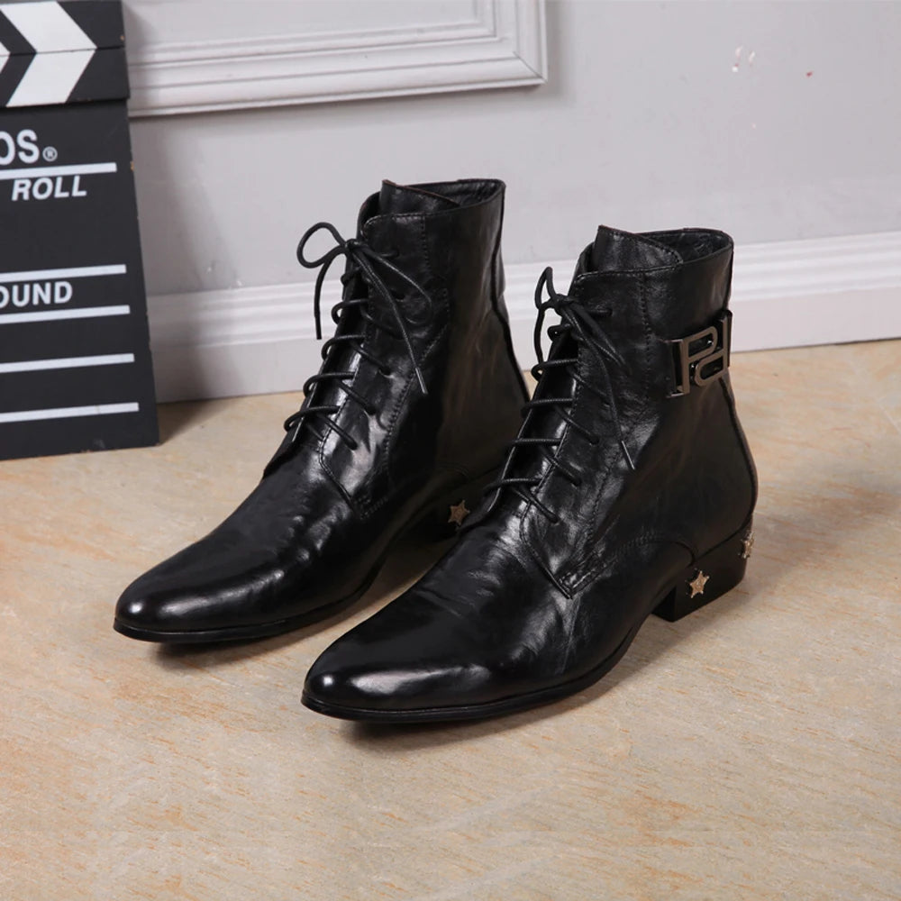 Men's boots  Rivet Lace-up High quality Bright leather Pointed Boots
