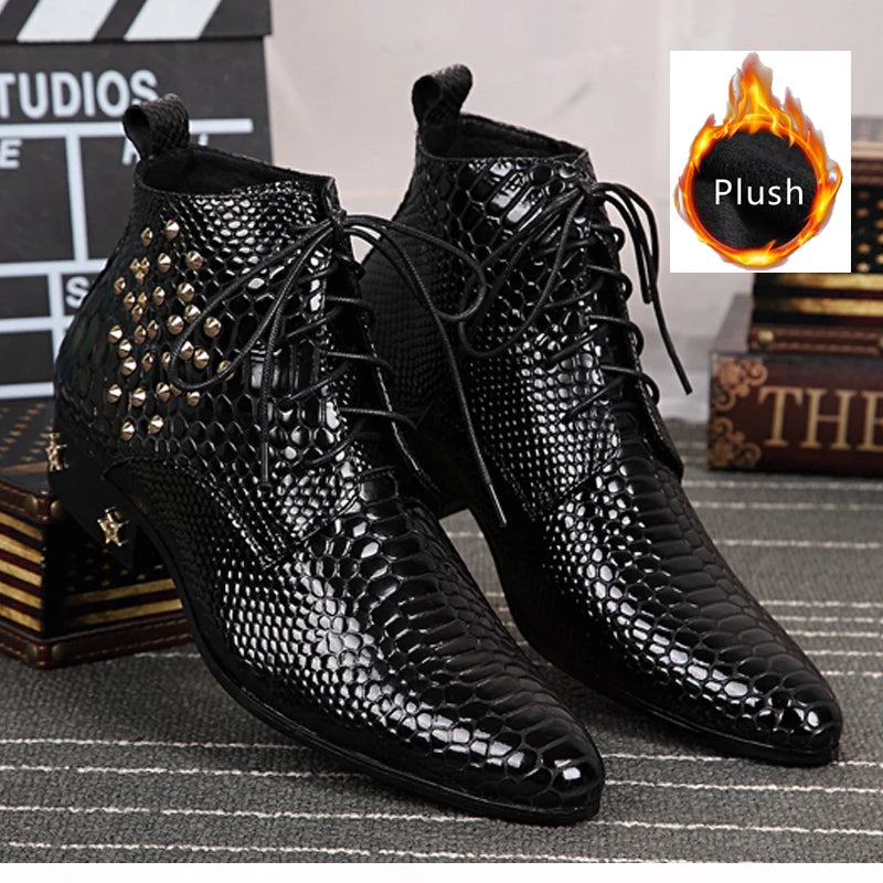 Men's boots  Rivet Lace-up High quality Bright leather Pointed Boots