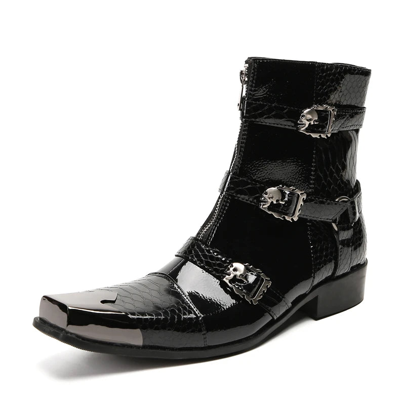 Man's Black Square Iron Metal Toe Belt Buckles Med Heels Height Increasing Ankle Boots