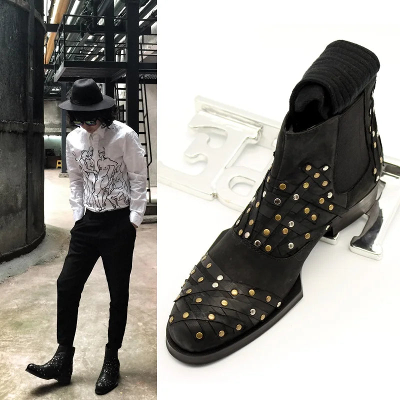 New High Rivet Cowhide Men's Short Boots Versatile Fashionable
