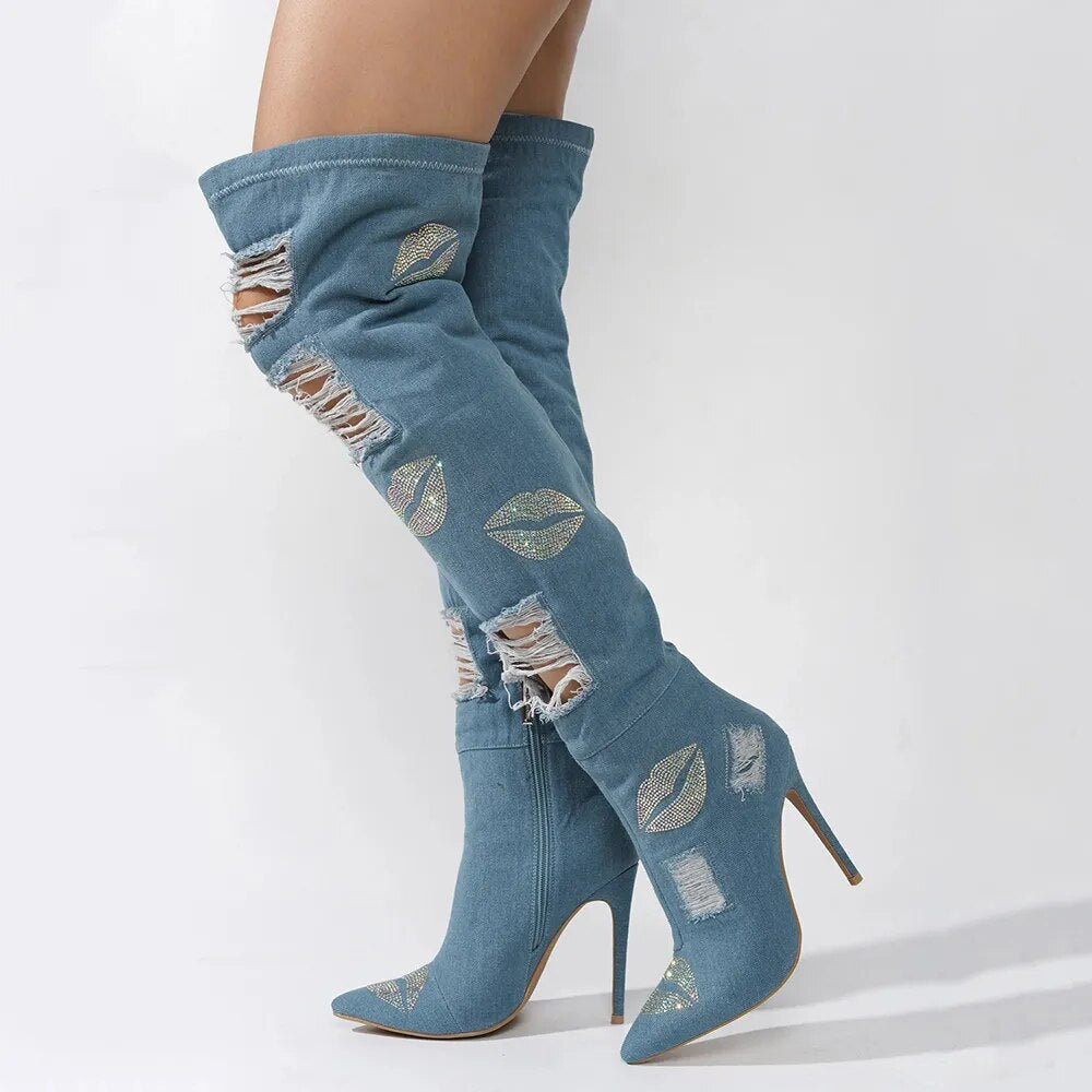 Distressed Denim Over-The-Knee Boot