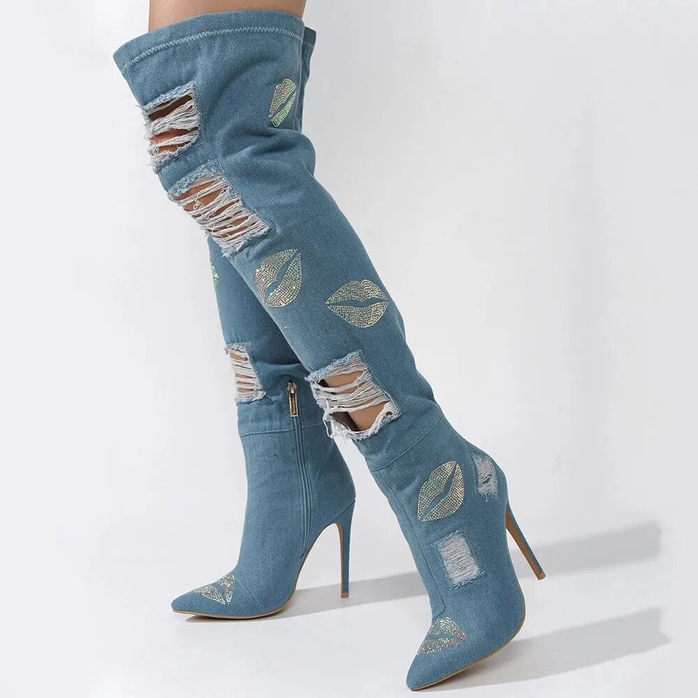 Distressed Denim Over-The-Knee Boot