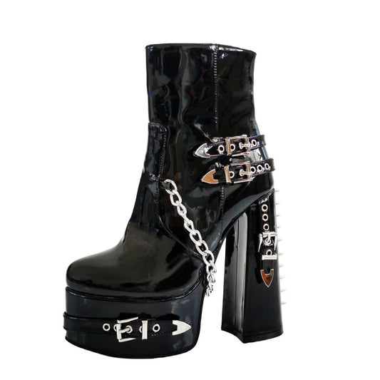 Zip Metal Chains Rivet Motorcycle Boots Women Shoes Super High Heels Platform Ankle Boots Punk Rock Gothic Biker Boots