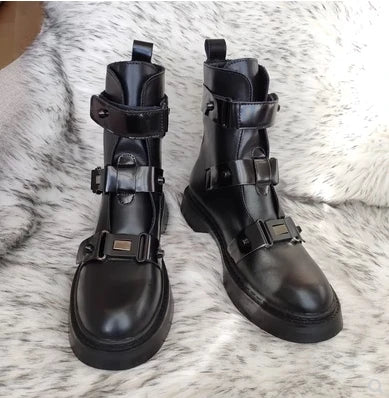 Women's Sultry Black Leather High Boots with Buckle Strap Platform