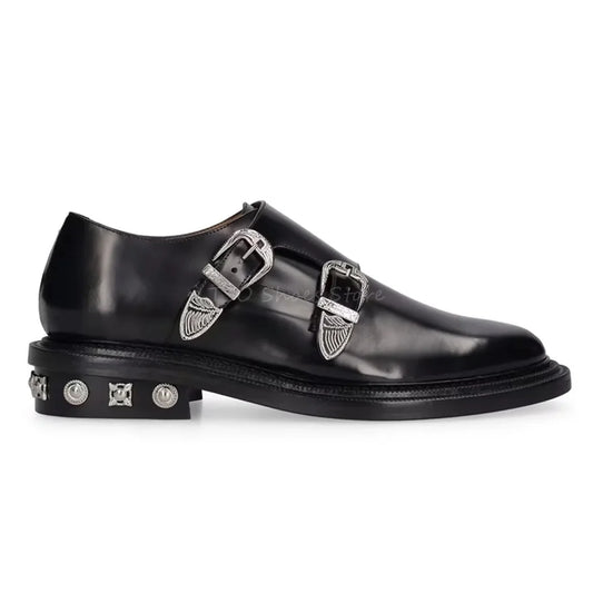 Black Genuine Leather Loafers with Metal Belt Buckle for Men