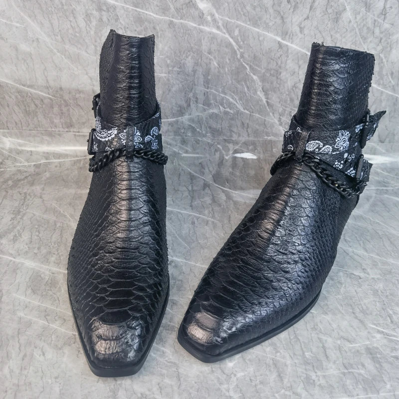 Buckle Strap Men's Leather Ankle Boots Crocodile Chain Print Black Shoes