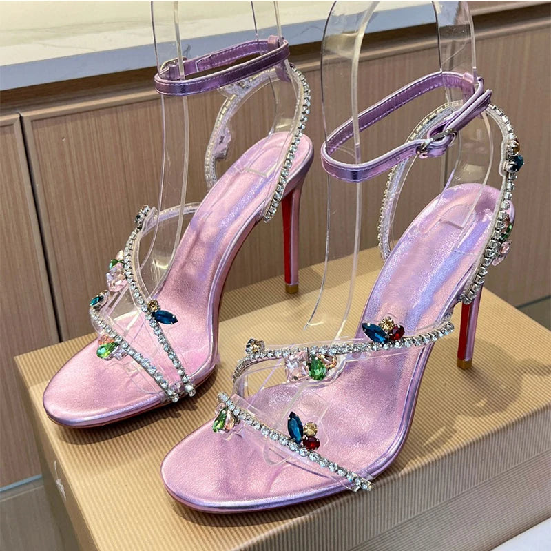 Crystal Decorated Women's High Heels Sandals Ankle Strap Stiletto Open Toe Sexy Shoes