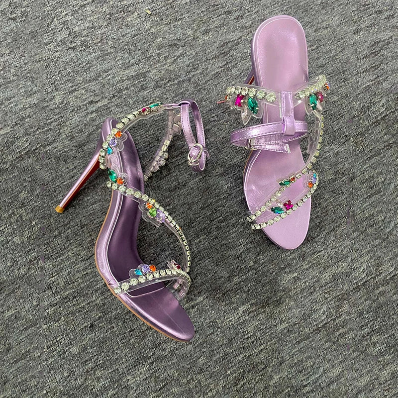 Crystal Decorated Women's High Heels Sandals Ankle Strap Stiletto Open Toe Sexy Shoes