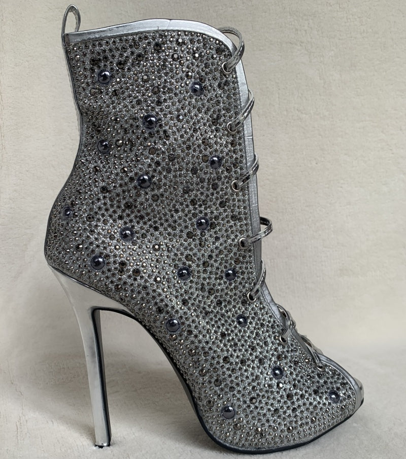 Crystal Embellished Lace-up High Heel Boots Sexy Peep Toe Thin Heels