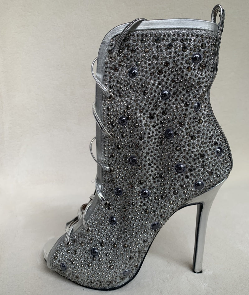Crystal Embellished Lace-up High Heel Boots Sexy Peep Toe Thin Heels