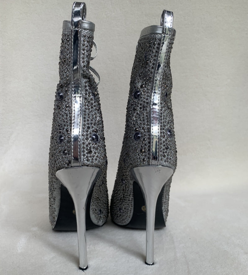 Crystal Embellished Lace-up High Heel Boots Sexy Peep Toe Thin Heels