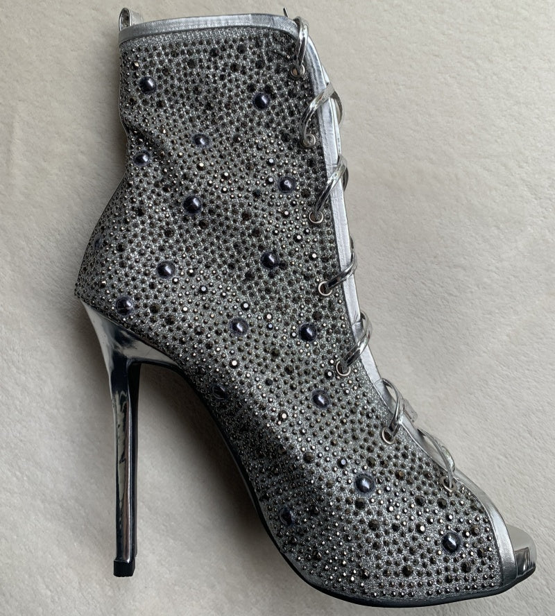 Crystal Embellished Lace-up High Heel Boots Sexy Peep Toe Thin Heels