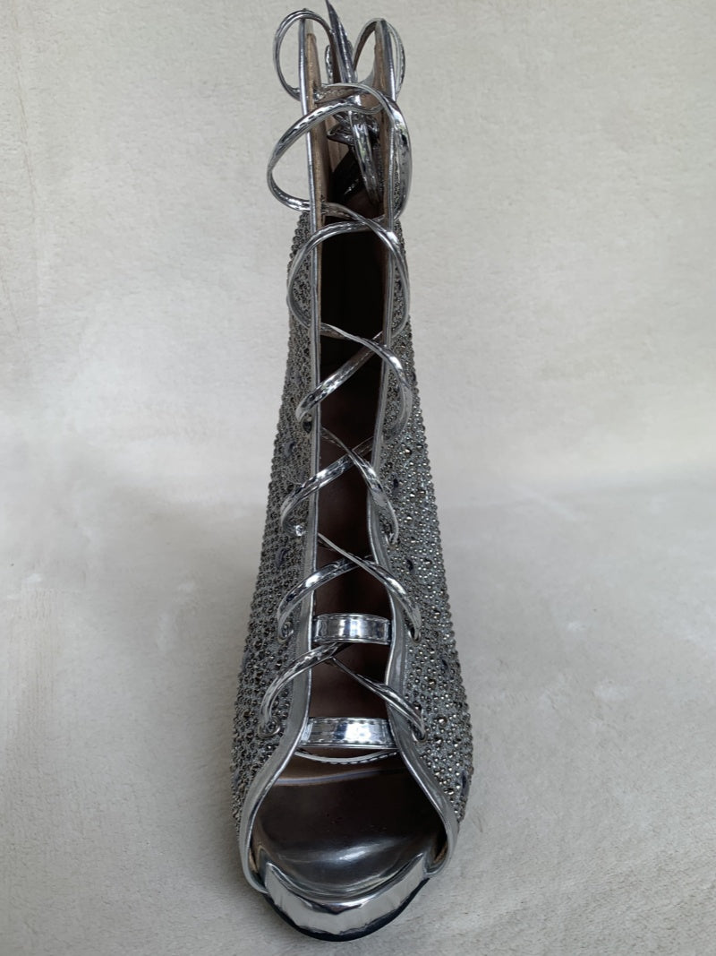 Crystal Embellished Lace-up High Heel Boots Sexy Peep Toe Thin Heels