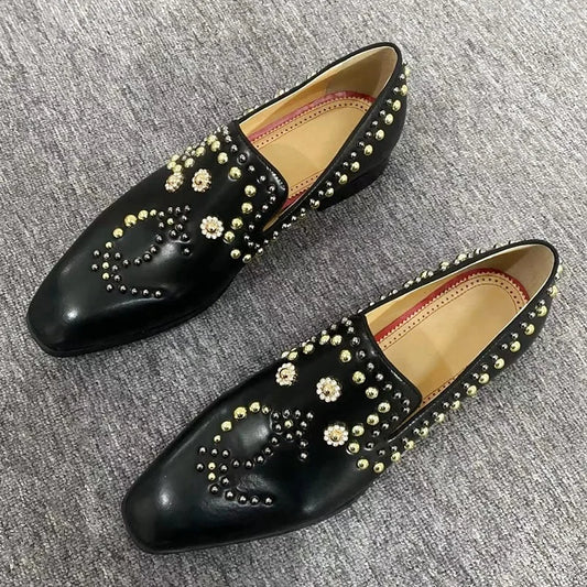 Genuine Leather Men Luxury Beaded Rivets Loafers Slip On Flats Dress Shoes