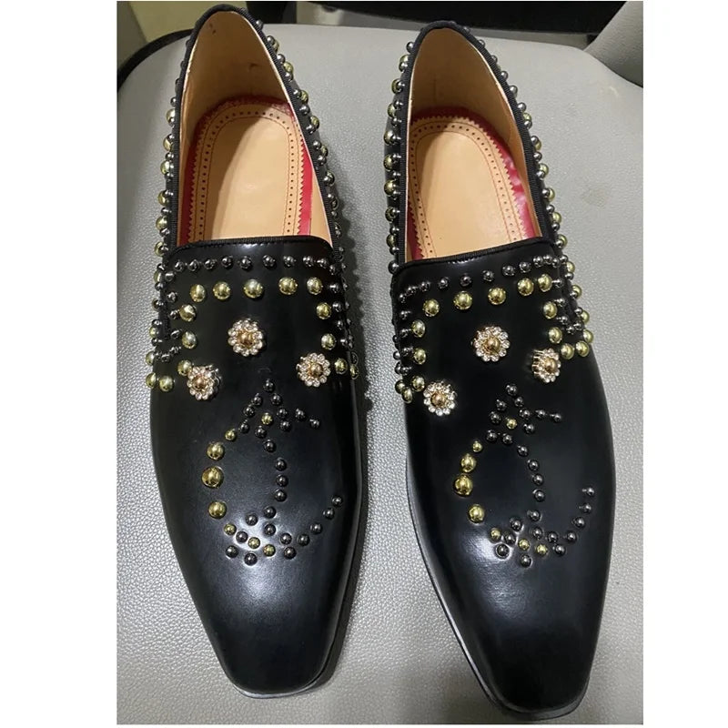Genuine Leather Men Luxury Beaded Rivets Loafers Slip On Flats Dress Shoes