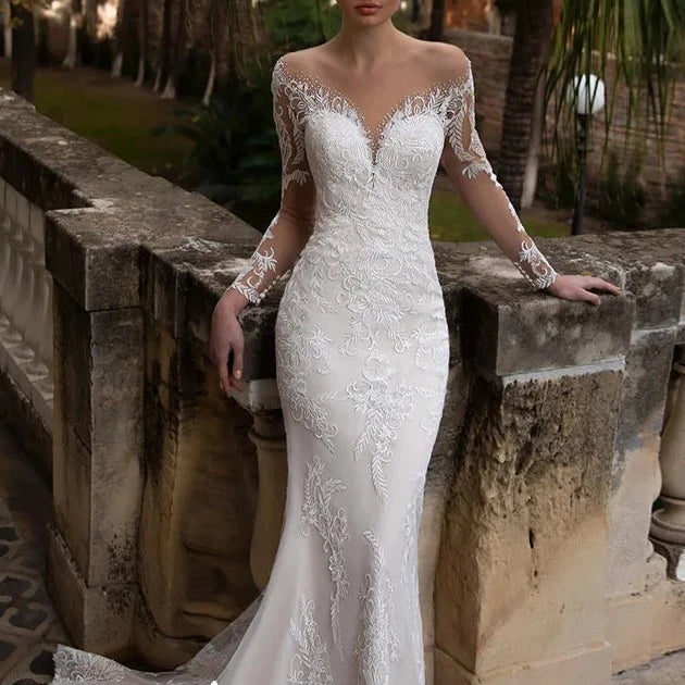 Long Sleeve Beading Sequins  Lace Two Pieces Mermaid Wedding Dress
