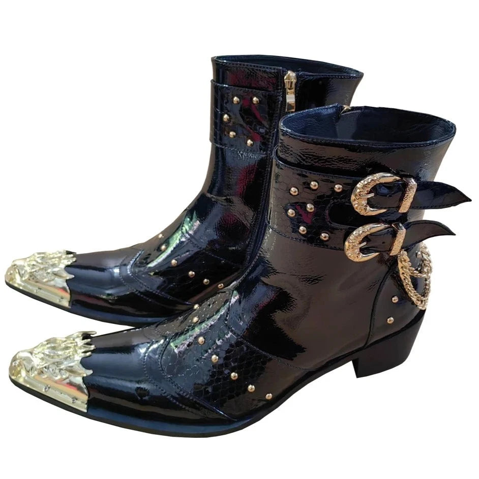 Men's Customized Cowhide Boots Spike Decoration Rivet Triangle Pattern