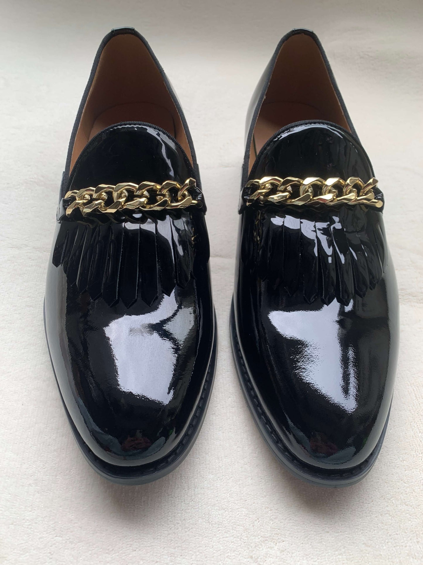 Men Patent leather Shoes metal chain Loafers