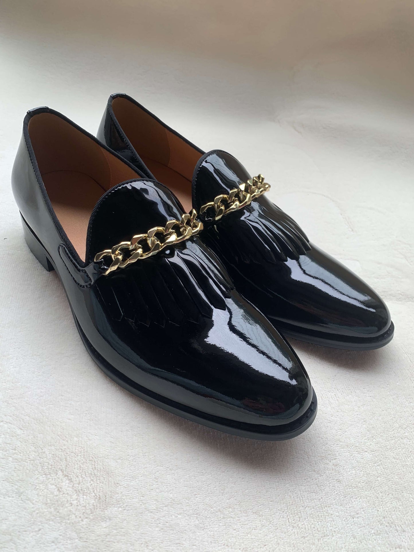Men Patent leather Shoes metal chain Loafers