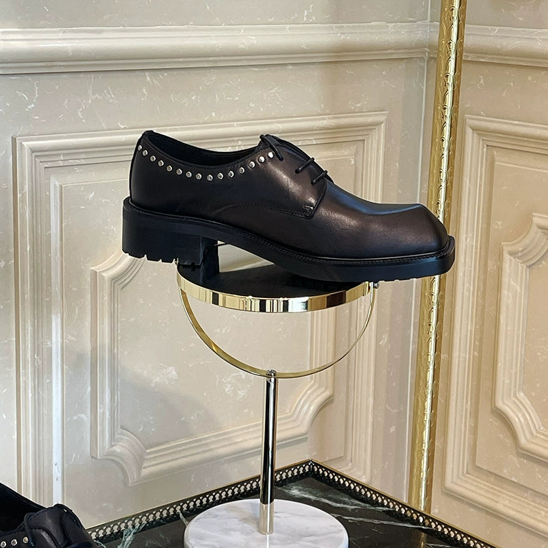 Thick-soled Derby shoes cowhide rivets special-shaped head heightened lace-up pure black personalized formal leather shoes