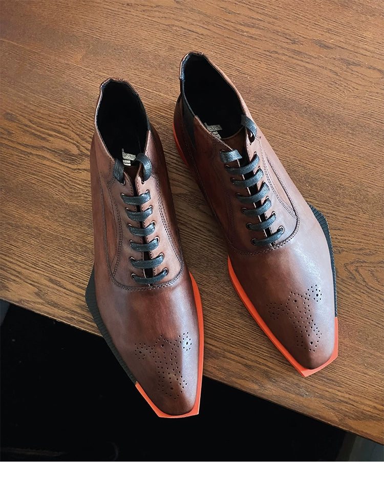 Special-shaped sole men's boots polished cowhide short tube square head lace-up high-top brown leather boots