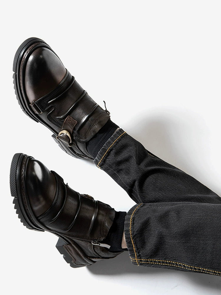 British retro casual leather shoes men's genuine leather one-pedal loafers platform-soled Chelsea Martin boots