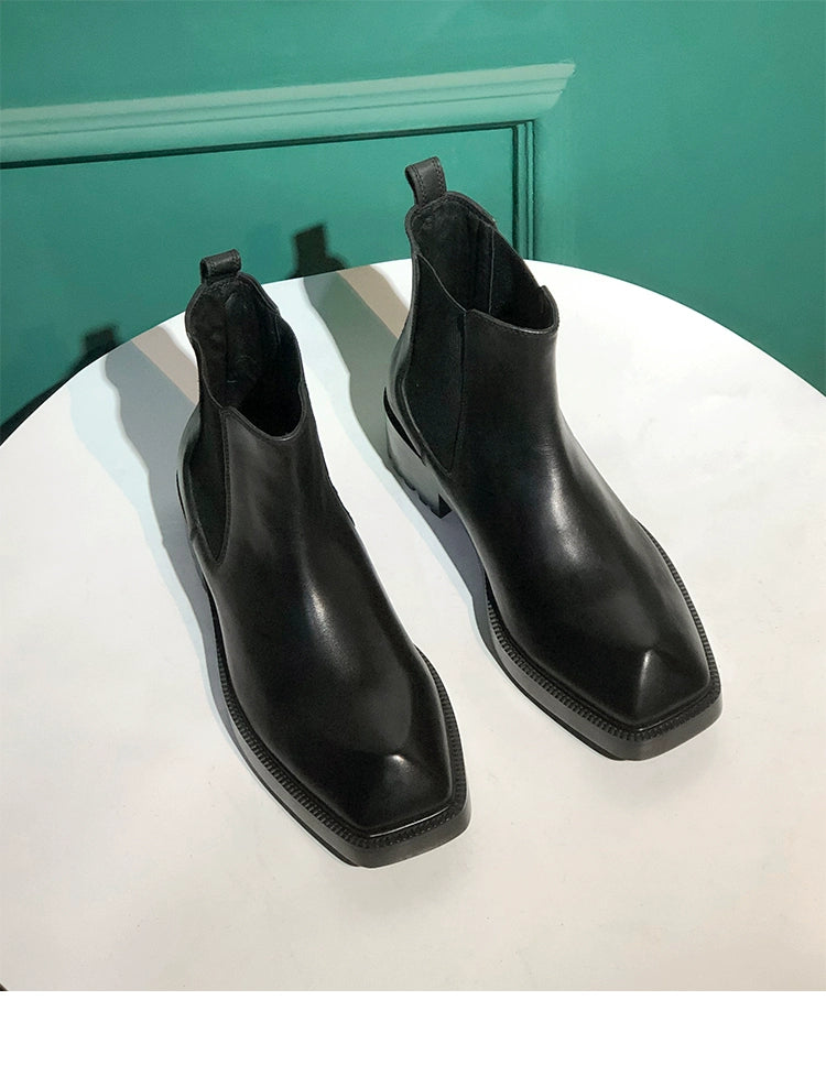 Special-shaped leather boots square head European and American first-layer cowhide black thick-soled heightening men's boots