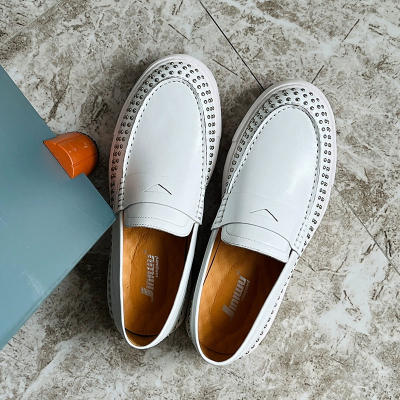 Casual board shoes, rivets, circles, soft soles, cowhide white one-pedal thick-soled men's shoes