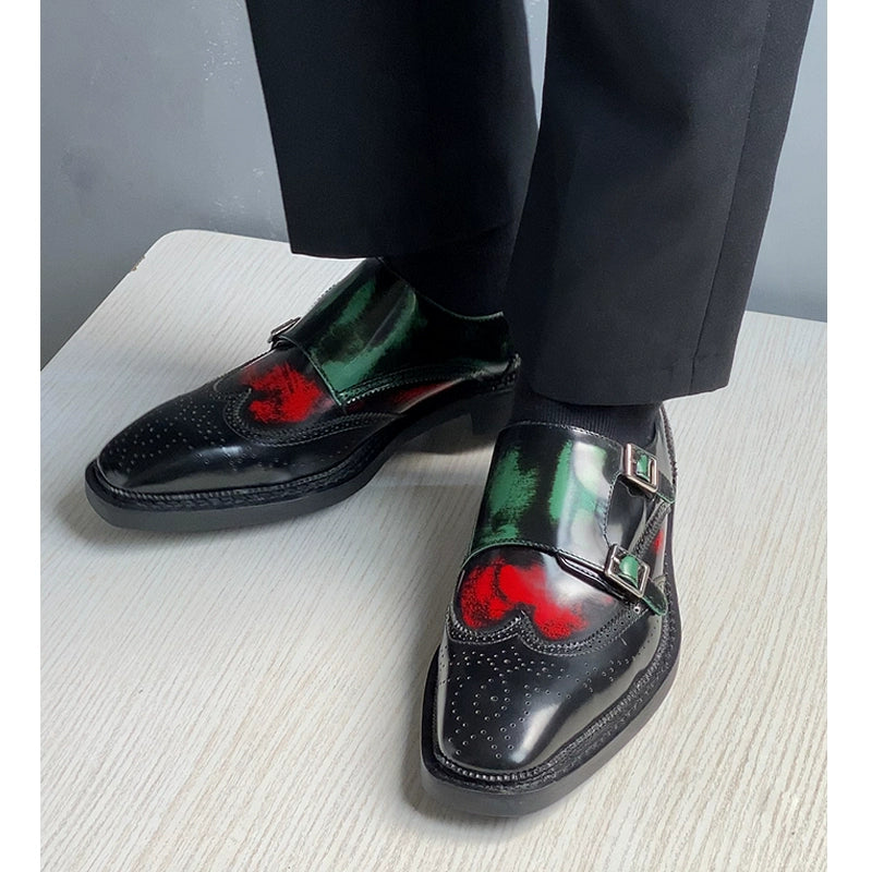 Color matching Munch shoes red and green leather shoes dress engraved shoes fashion flat button men's shoes