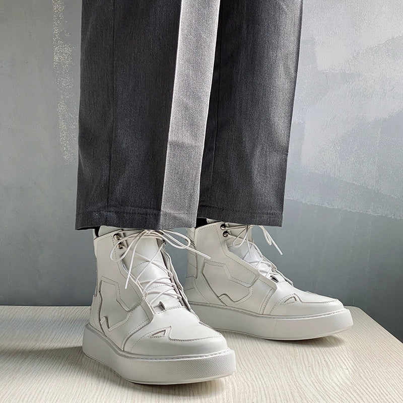 Sports white boots cowhide lace-up trendy men's British leather boots ultra-light bottom white shoes short boots