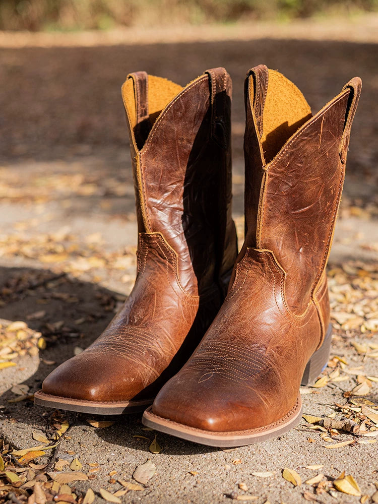 vintage embroidered leather western men brown denim boots