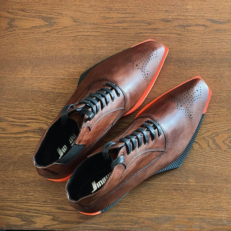 Special-shaped sole men's boots polished cowhide short tube square head lace-up high-top brown leather boots