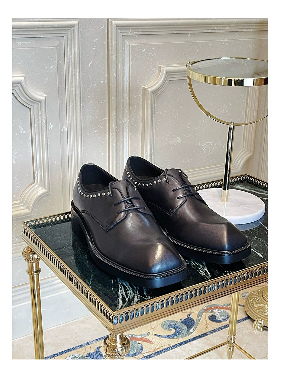 Thick-soled Derby shoes cowhide rivets special-shaped head heightened lace-up pure black personalized formal leather shoes