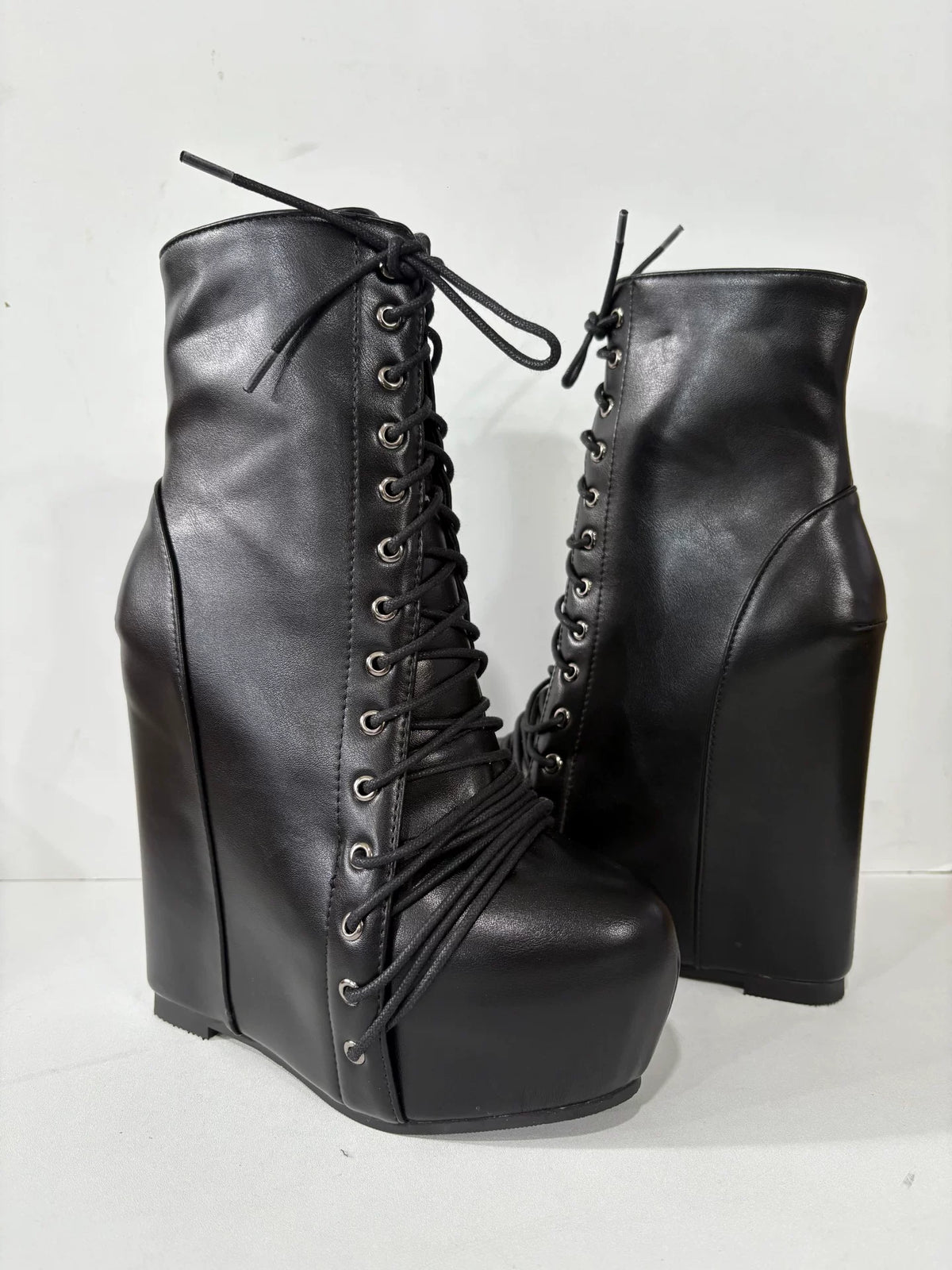 punk strap thick bottom waterproof table short boots women's slope heel super high heel black