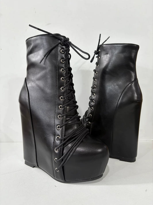 punk strap thick bottom waterproof table short boots women's slope heel super high heel black
