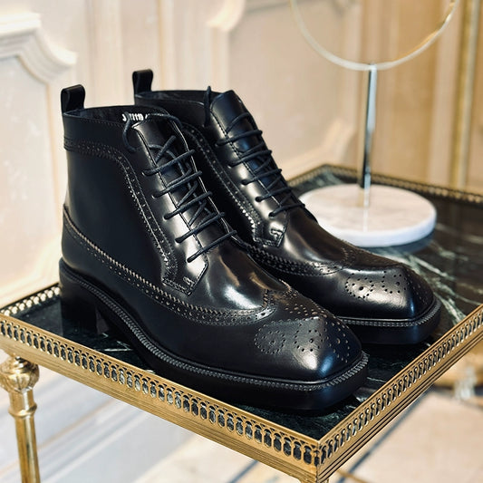 Carved Martin boots thick-soled special-shaped head pedicure cowhide bright black leather boots flat men's boots