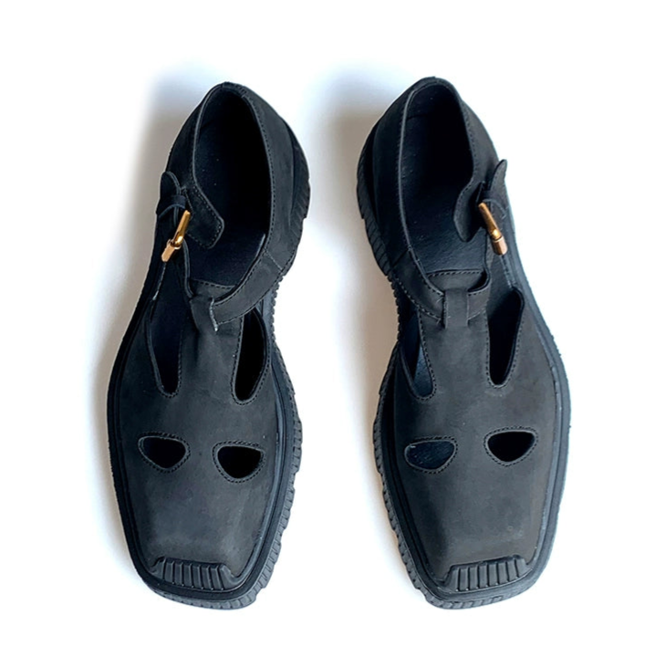 Hollow leather shoes frosted cowhide square head comfortable casual leather sandals hipster