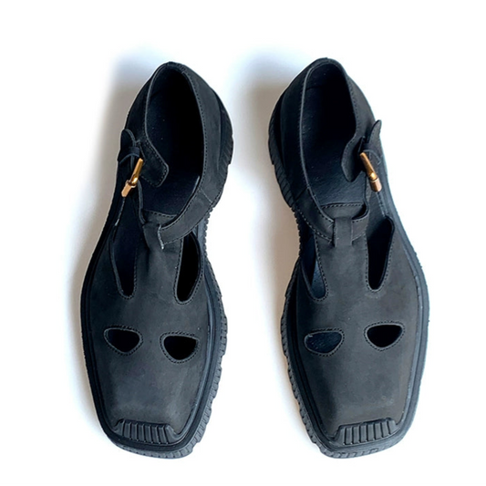 Hollow leather shoes frosted cowhide square head comfortable casual leather sandals hipster