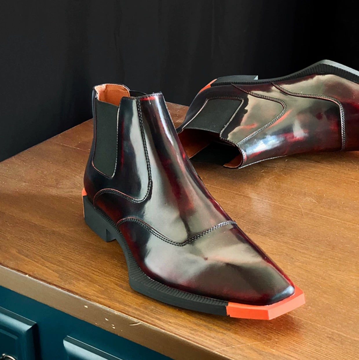 Special-shaped sole men's boots square head Chelsea boots cowhide fashion leather boots elastic short boots