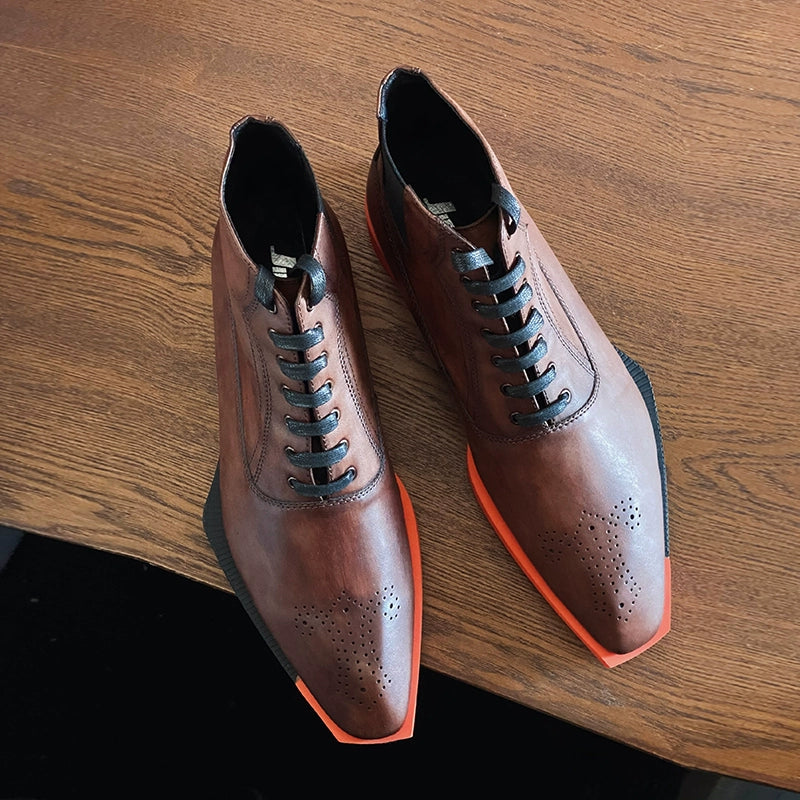 Special-shaped sole men's boots polished cowhide short tube square head lace-up high-top brown leather boots