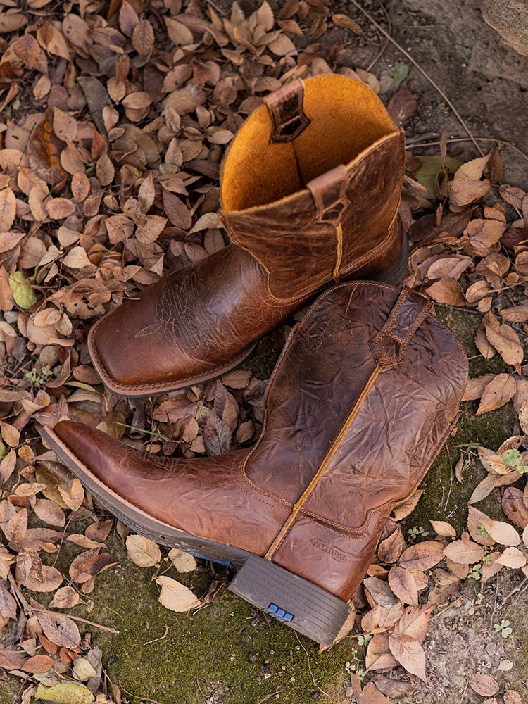vintage embroidered leather western men brown denim boots