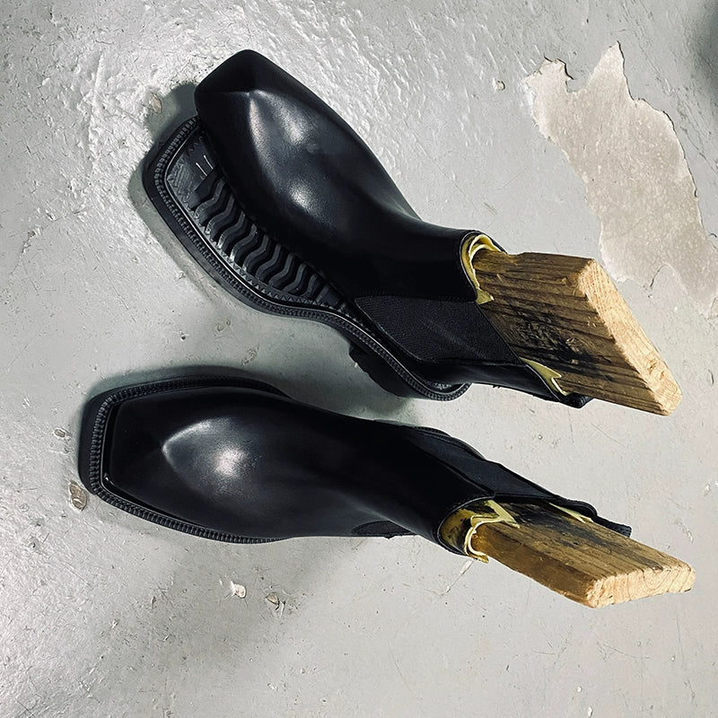 Special-shaped leather boots square head European and American first-layer cowhide black thick-soled heightening men's boots