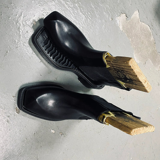 Special-shaped leather boots square head European and American first-layer cowhide black thick-soled heightening men's boots