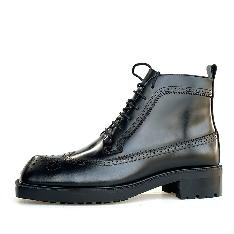 Carved Martin boots thick-soled special-shaped head pedicure cowhide bright black leather boots flat men's boots