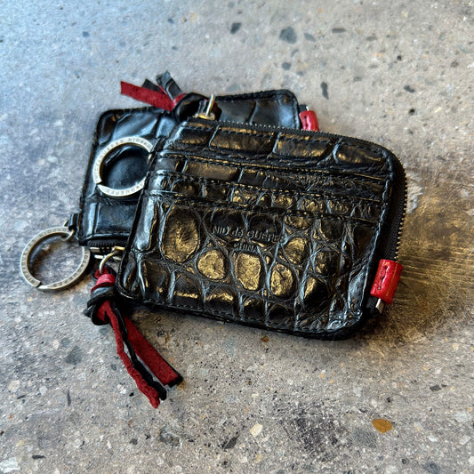 "Red and Black" color-blocked crocodile silver clasp washed aged card holder